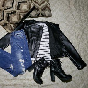 Black Faux Leather Biker Jacket Size M